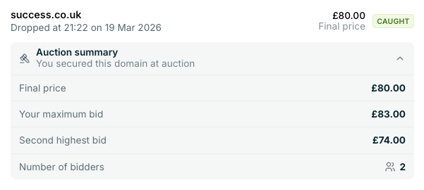 Auction result showing a successfully secured domain