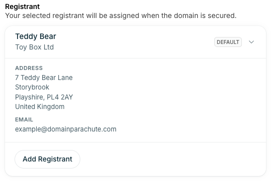 Backorder form showing a selected registrant